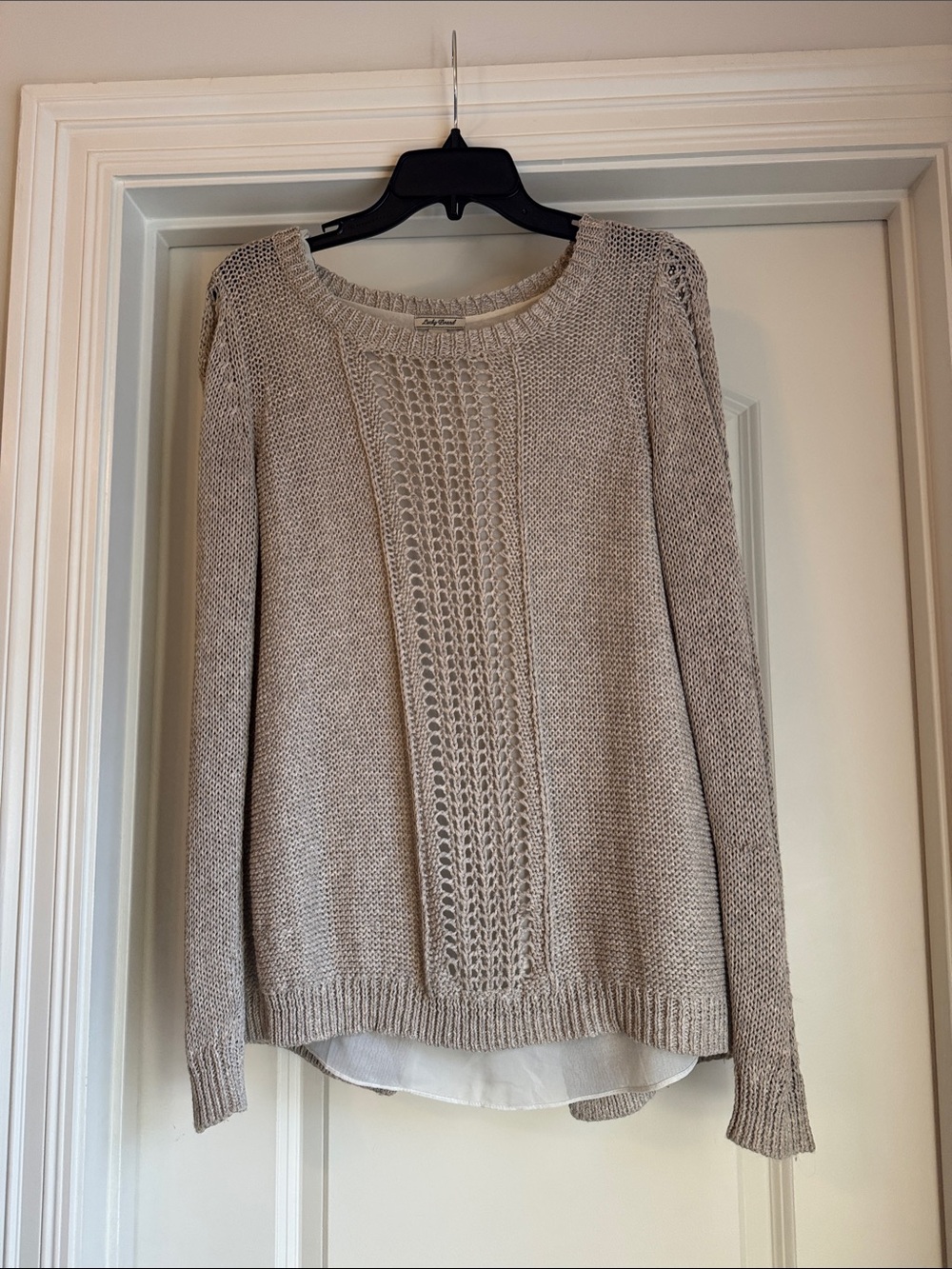 Lucky Brand Cream-Beige Crochet Front Crewneck Sweater